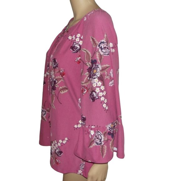 Lee Blouse Size Medium Pink Floral Print V-Neck top shirt boho peasant lace-up - Picture 9 of 11